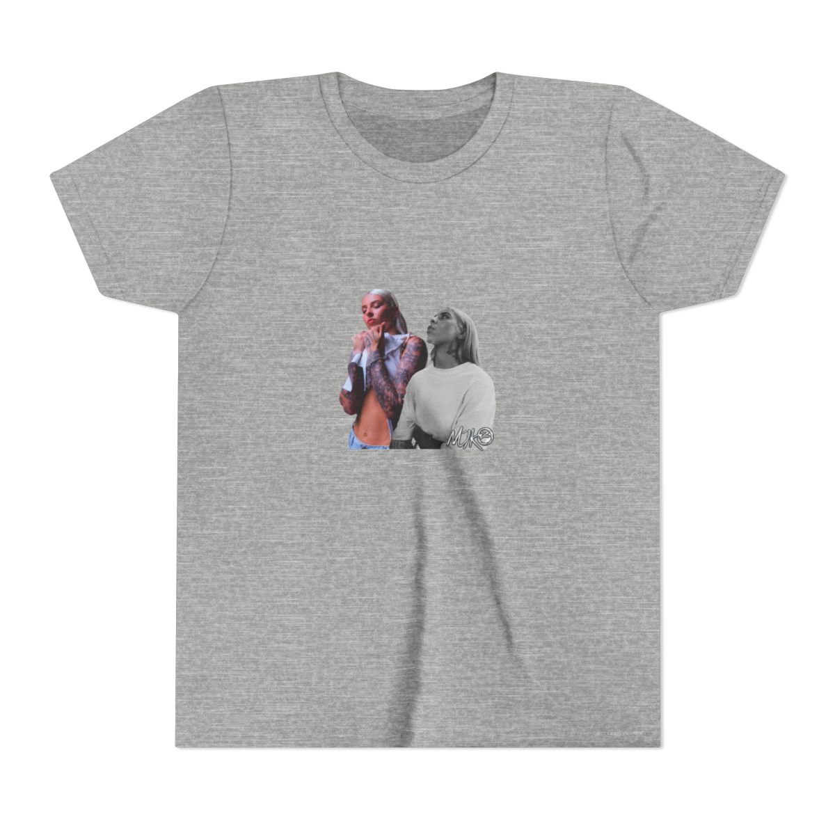 Black T Shirt featuring a graphic of two women. The text "YOUNG" is printed in silver above the image. The text "MIKO" is printed in silver below the image (Kids)
